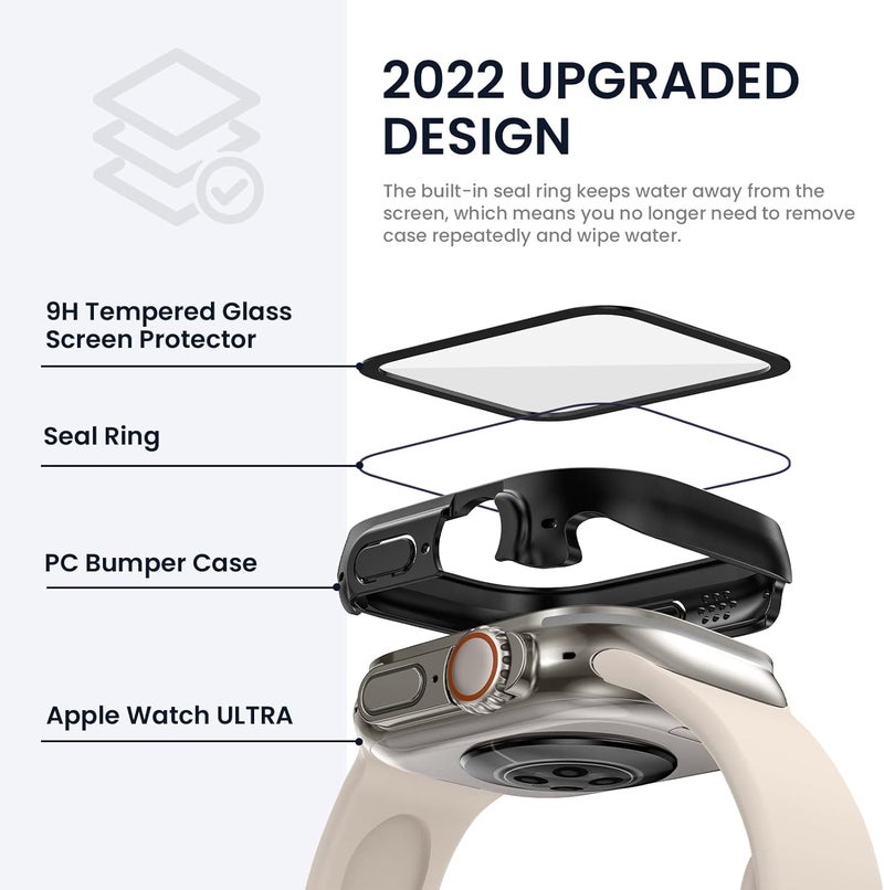 Tensea for Waterproof Apple Watch Screen Protector Case Ultra 3/Ultra 2/Ultra 49mm Accessories, iWatch Protective Face Cover with Tempered Glass Film Women Men, Bumper Case for iPhone Watch 49 mm - Image 3
